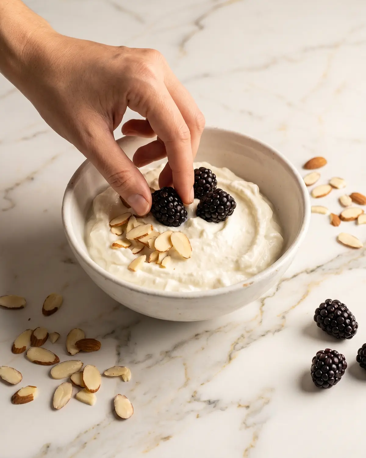 Hand die bramen op yoghurt legt, met amandelschaafsel rondom en geaderd marmer eronder.