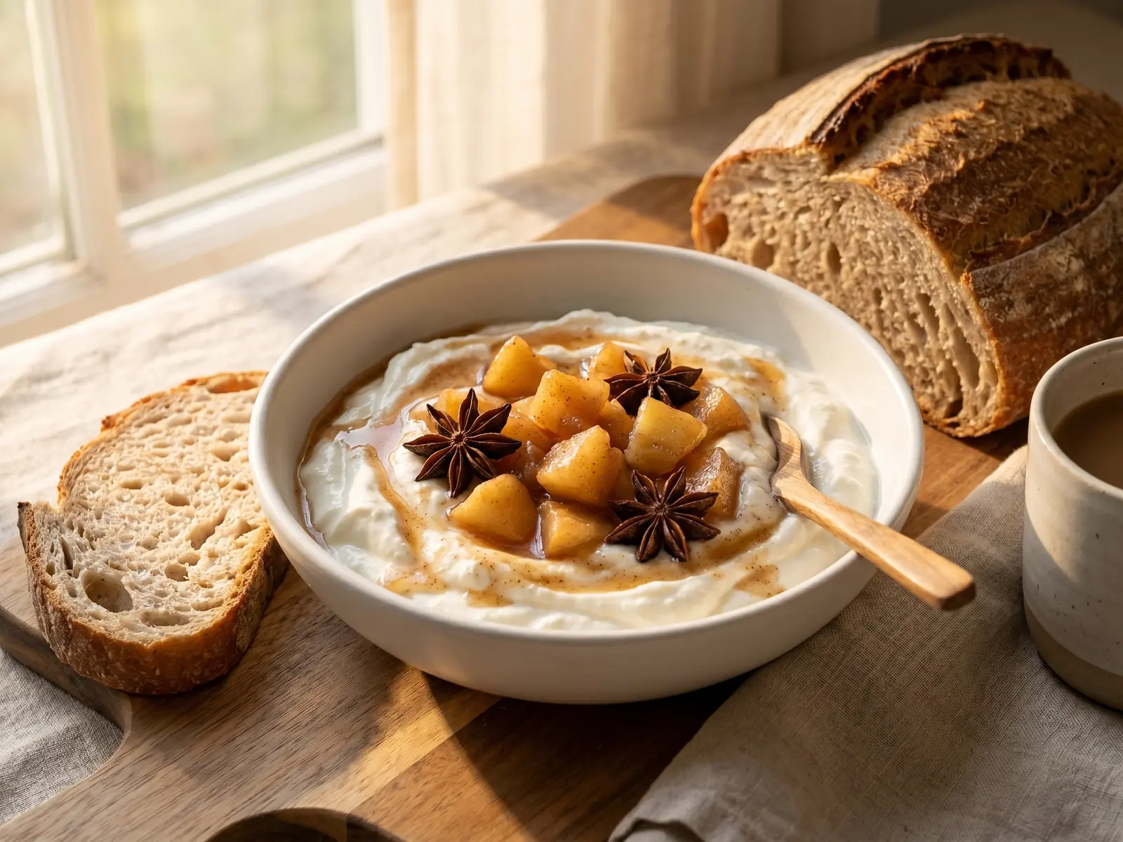 kiefer yoghurt Kom met romige yoghurt, gestoofde appel en steranijs in warm winterlicht op een donkere tafel.