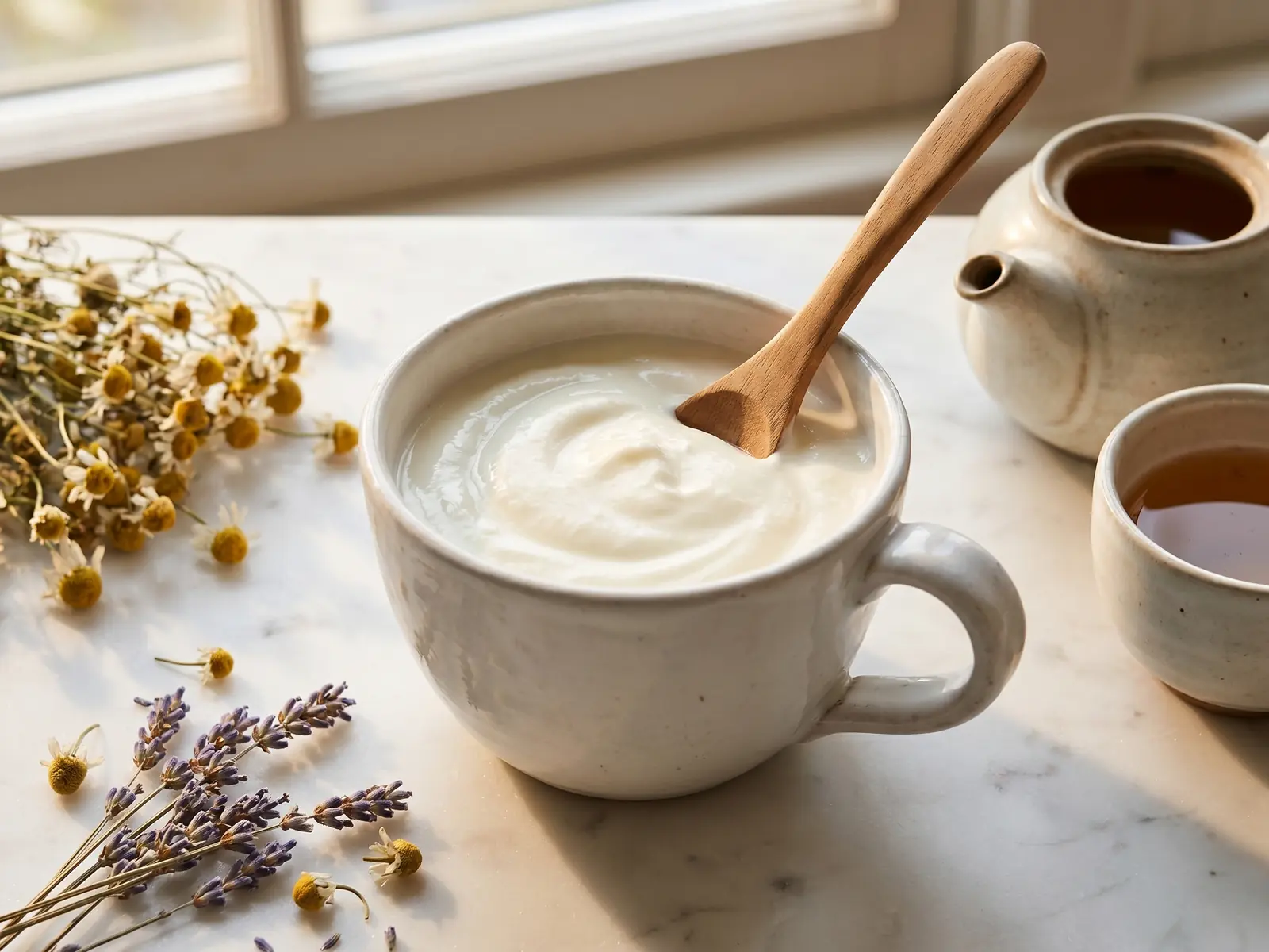 verschil kefir en yoghurt Romige yoghurt in een witte keramische kop met gedroogde bloemen en thee op wit marmer.