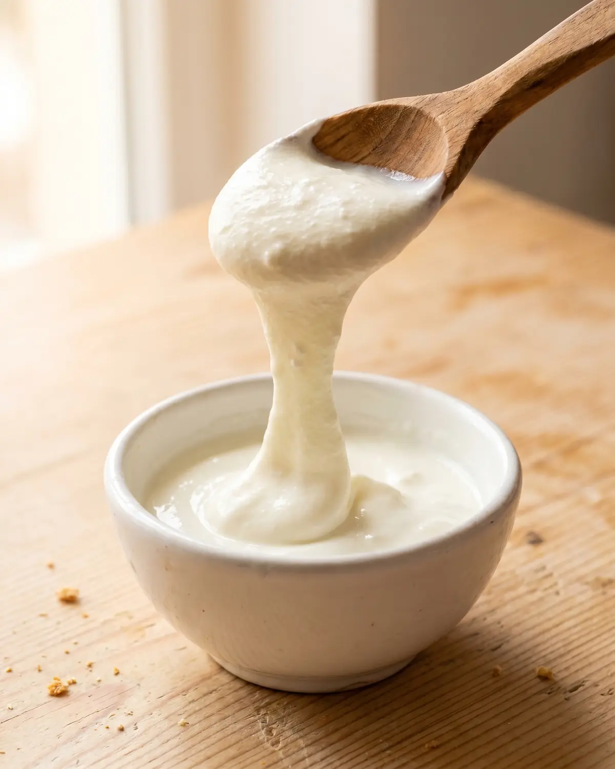 Houten lepel tilt dikke yoghurt op terwijl een elastische sliert langzaam terug in de kom valt.