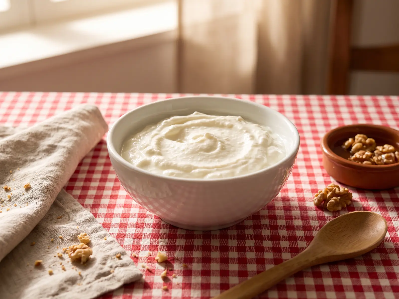 dikke kefir yoghurt maken Witte keramische kom met gladde yoghurt op een geruit tafelkleed tijdens een rustige namiddag aan tafel
