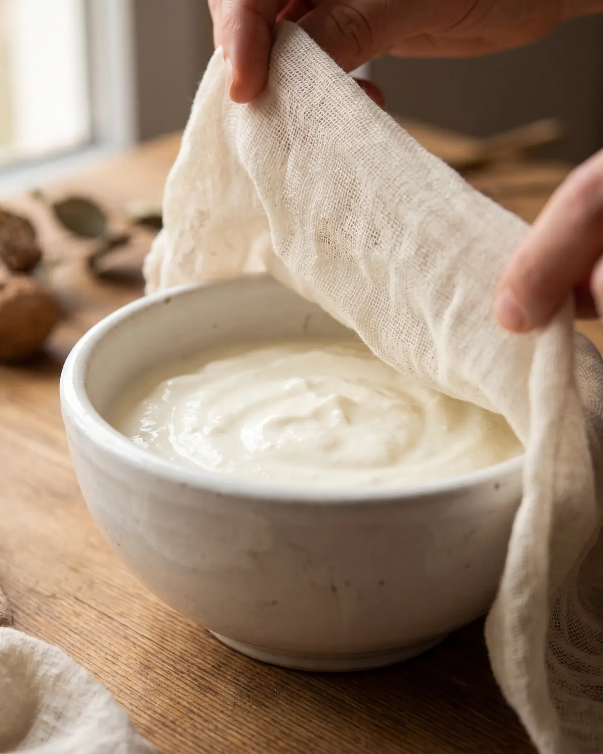 verschil kefir en yoghurt Ruwe doek valt over de opening van een pot yoghurt, met onscherpe vingers op de achtergrond.